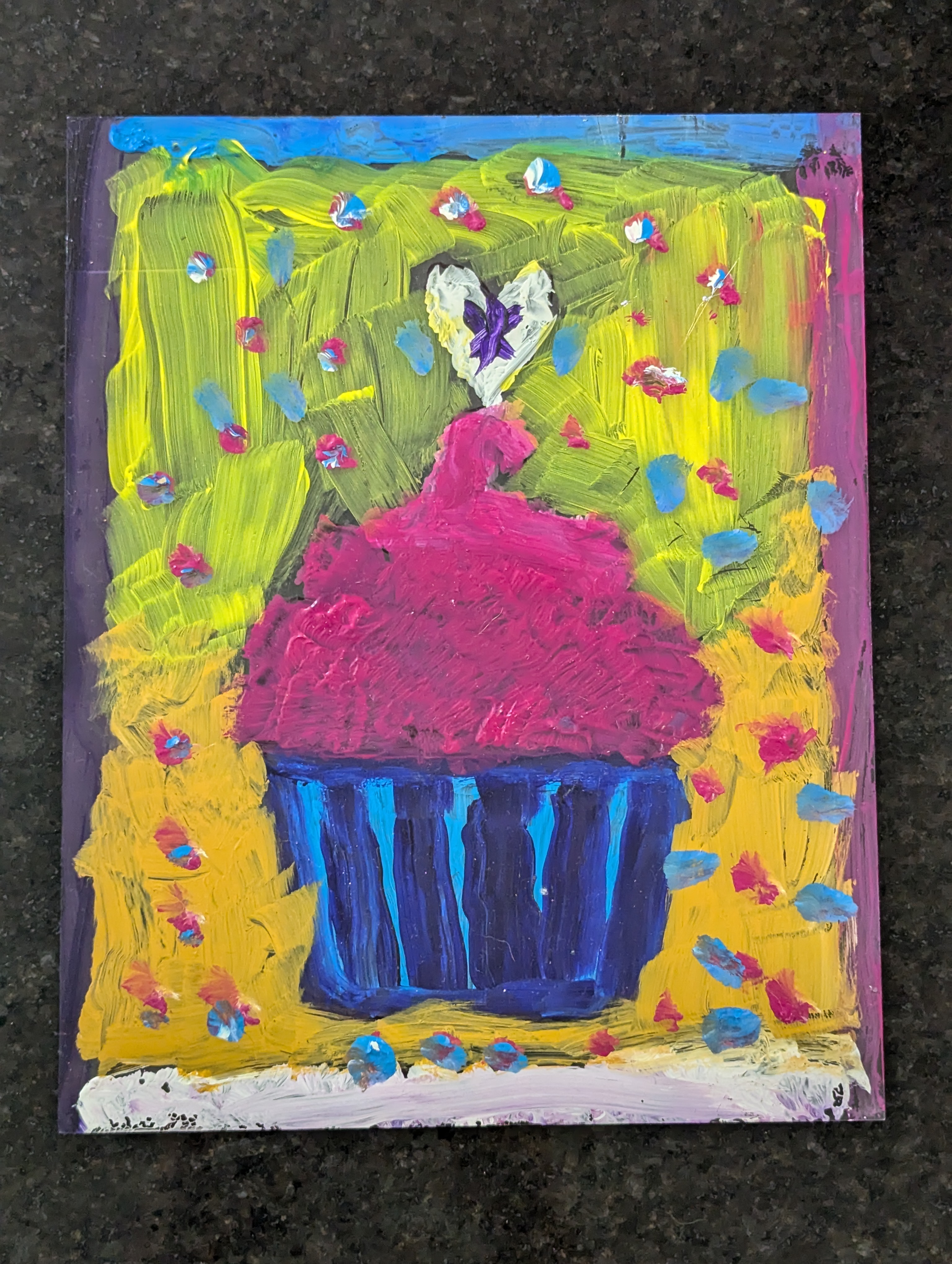 A cupcake painted in acrylic on a sheet of plastic. It has a goopy texture.