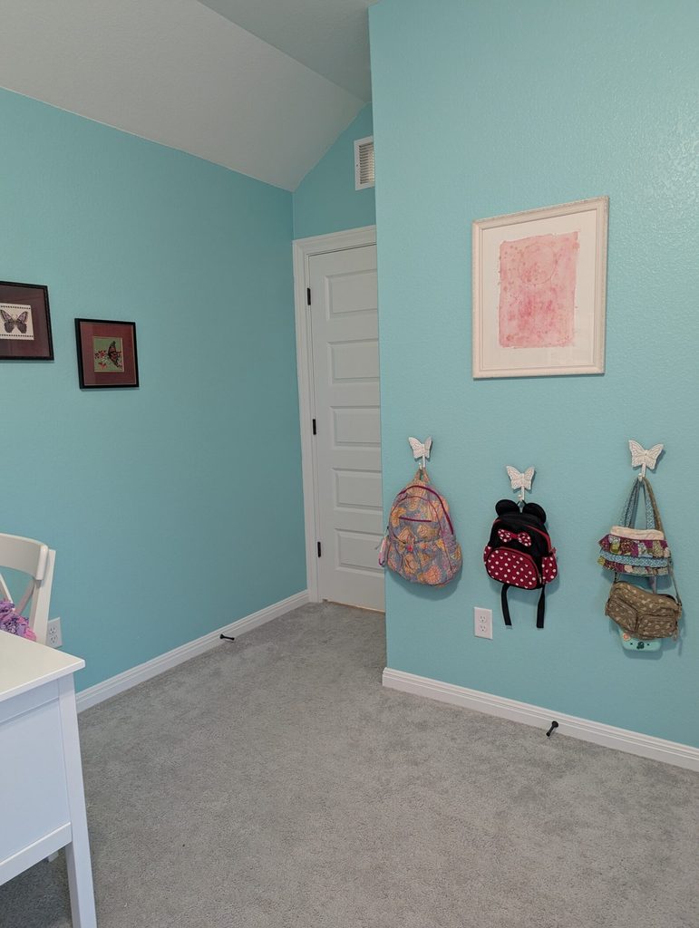 back packs on hangers with frog pond colored walls and some pictures.